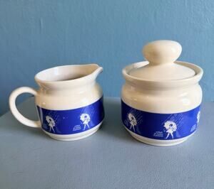 Vintage Morton Salt When It Rains It Pours Creamer Sugar Set Umbrella Girl